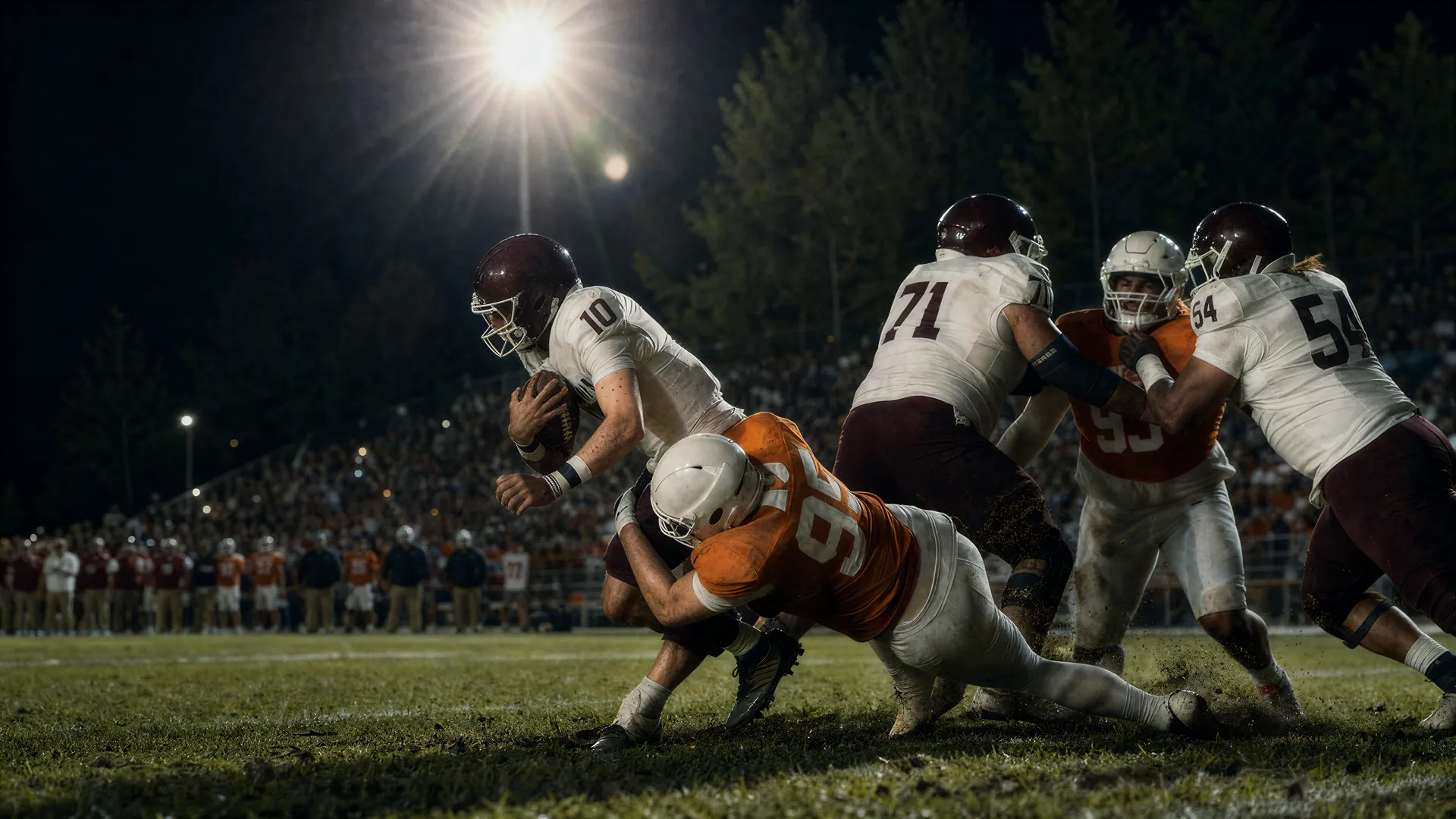 Football players colliding mid-tackle under stadium lights