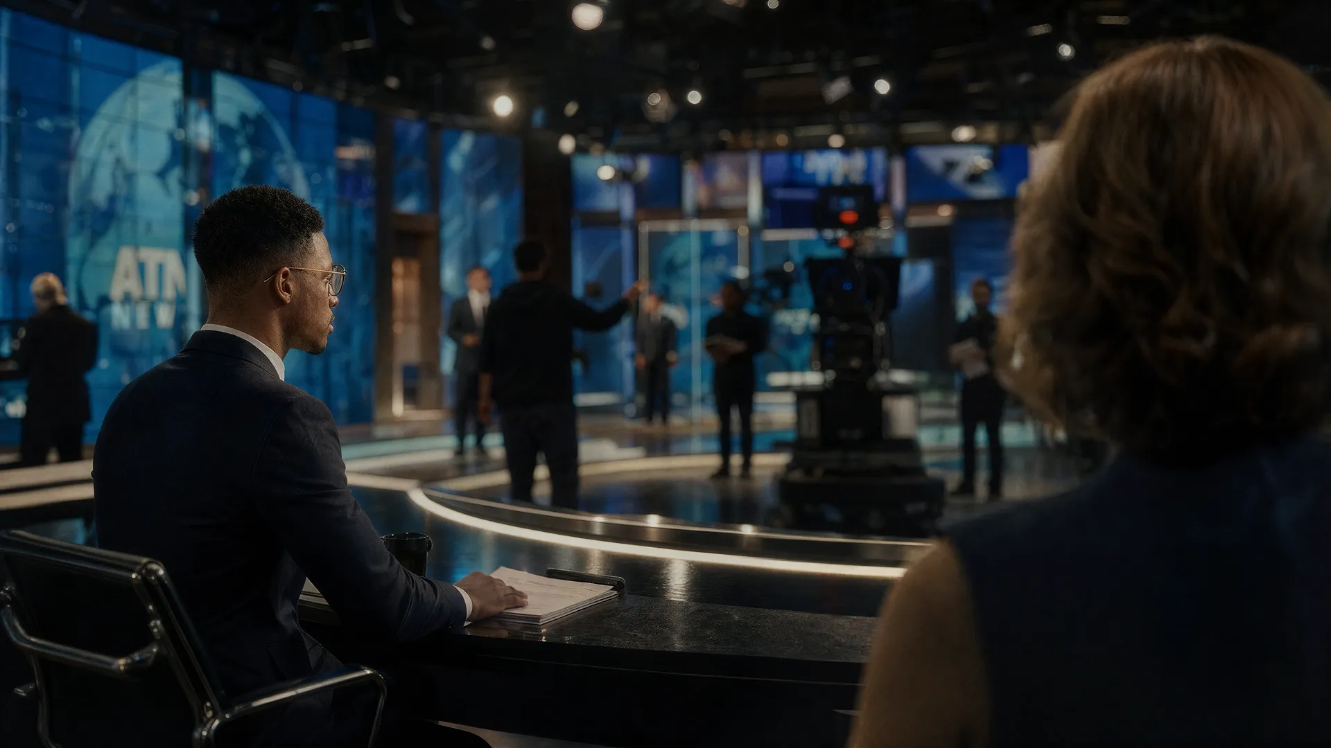 News anchor at a desk in a broadcast studio